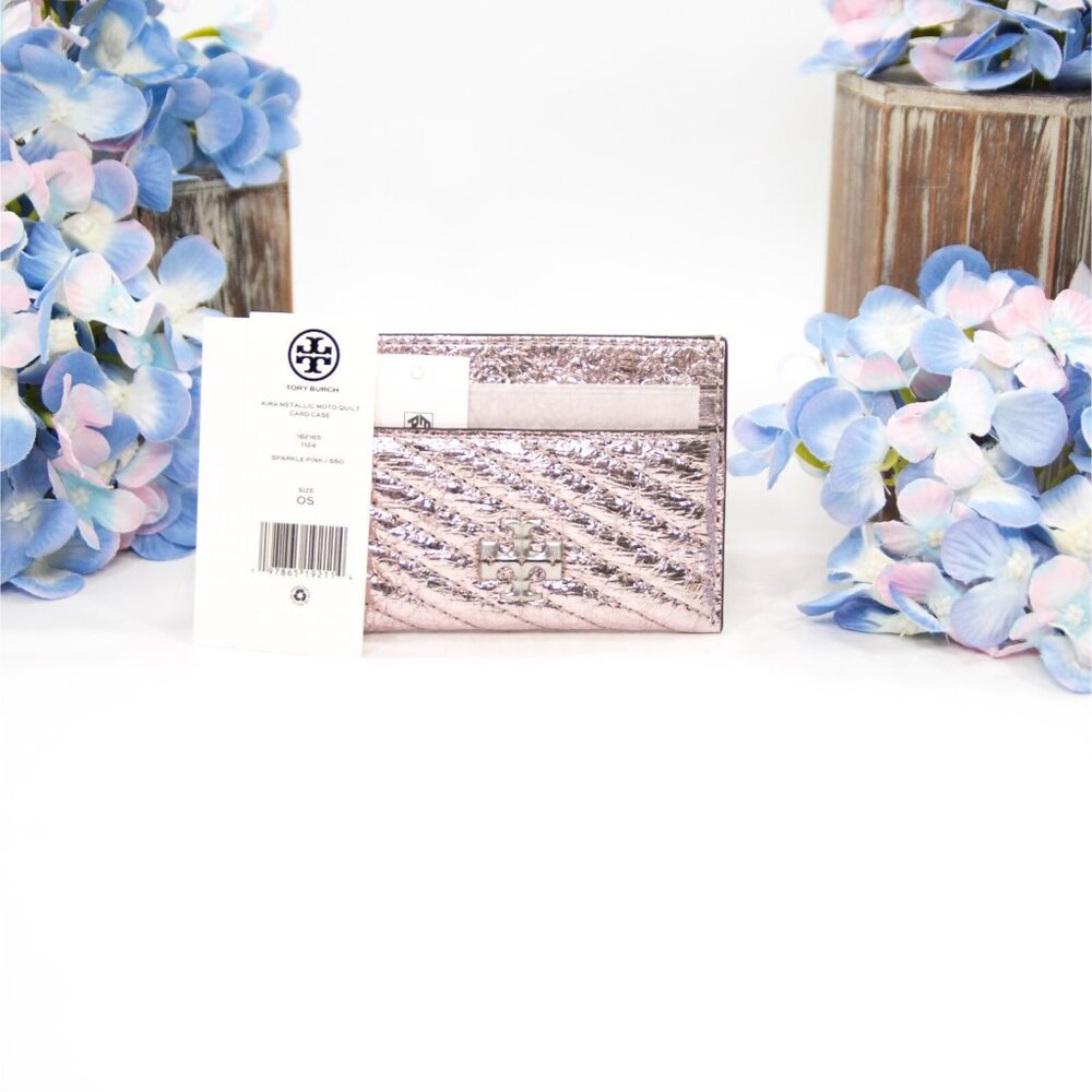 Tory Burch Sparkle Pink Leather Kira Quilted Logo Card Case Mini Wallet NWT - Picture 2 of 5